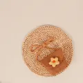 Dark khaki handmade woven straw bag for kids featuring a yellow plaid floral ornament - Khaki
