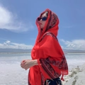 Red ethnic paisley print beach shawl with fringe tassels for desert photography - Nepal Style