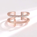 Rose gold double layer cross ring with cubic zirconia stones in a luxury minimalist style - Adjustable Open / Rose Gold