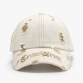 Beige distressed baseballpet met gouden gotisch borduurwerk en gescheurde details - Verstelbaar / Geel