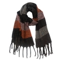Detailed view of winter striped scarf with fringe, featuring orange and grey color blocks - Beige Grey Black Orange Pink