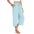 Women's light blue high waist linen wide leg pants with drawstring elastic waistband - S / Light Blue