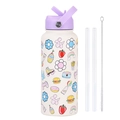 White stainless steel water bottle set with purple lid and colorful cartoon patterns - Ivory White 23I