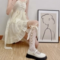 Japanese style white lace knee high socks with ribbon bows and floral embroidery - One Size / Side Sunflower Cream