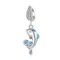 Detailed view of silver dolphin charm featuring blue enamel and sparkling crystal stones - Blue Enamel Dolphin Zirconia Charm