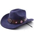 Detail of western cowboy hat featuring rose embroidery and decorative bronze buckle - M (56-58cm) / Navy Blue