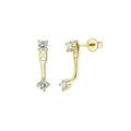 Golden J-shaped stainless steel earrings with two round clear zircon stones - Gold J-Hook Earrings Pair