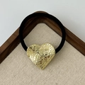 Elastic black hair tie with gold geometric textured heart-shaped metal charm - Textured Heart Gold