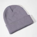Detail view of the fine rib knit texture and wide cuff on this purple winter beanie hat - Light Silver Grey