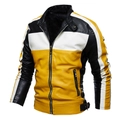 Mens fashion faux leather motor jacket with black white yellow patchwork and stand collar - Black Yellow (9909)