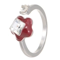 Detail of thorn raven ring with red floral base and square crystal in silver finish - Bright Silver Large Flower Style (06)