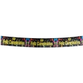 Black foil fringe banner with colorful balloons and gold Feliz Cumpleaños text - Spanish Block Font Black