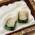 Elegant gold-trimmed U-shaped hoop earrings with deep green resin on white silk - 14k Light Gold Dark Green (3225)