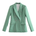 Slim fit green and white plaid double-breasted blazer for women with peak lapels - S / Green