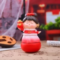 Traditional Chinese girl tumbler figurine in red outfit holding a lucky gold ingot bag - 1088-44 Holding Money Bag (Medium)