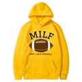 Bright yellow American football hoodie with MILF print and adjustable drawstrings - S / Tops / Bright Yellow