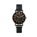 Minimalist black mesh strap quartz watch with rose gold numerals on a black dial - Black
