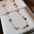 Detail of layered gold necklace with brown tiger eye beads in a velvet jewelry box - Pink Pearl Double Layer Style / Gold-Coffee-10mm