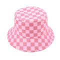 Pink and white checkerboard bucket hat with a flat top and reinforced brim on white background - One Size / Pink