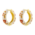 Detailed close-up of white enamel hoop earrings with red and orange flower patterns - White Red Petals