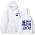 White oversized hoodie with blue hibiscus prints and wild wave text on front and back - S / White (Blue Print)