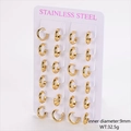 Detailset mit 12 Paar 9mm goldenen Edelstahl-Ohrringen auf einer Displaykarte - Mittel: 3mm Dicke 9mm Innendurchmesser (12 Paare)