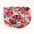 Detailed view of floral elastic sports headband with rose print on soft white faux fur - 20-Rose Red Flower
