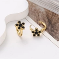 Pendientes de aro florales en acero inoxidable chapado en oro de 18k con piedras negras - Negro