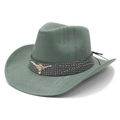 Macro detail of sage green straw cowboy hat featuring a golden bull head metal accent - M(56-58cm) / Water Lily Green