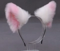 Handmade plush cat ears headband in white and pink faux fur for Lolita cosplay outfits - White and Pink (Contrast)