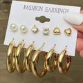 6-pair set of gold C-shape hoop earrings with stars, pearls, and hearts on display card - Gold 6-Pair Set - Heart Square Crystal Pearl