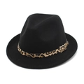 Classic black felt jazz fedora hat with a leopard print band and golden buckle - M (56-58cm) / Black