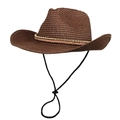 Detail of dark brown woven cowboy hat featuring golden bead trim and adjustable chin strap - M (56-58cm) / Coffee