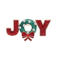Christmas JOY brooch with green enamel wreath and red enamel letters in gold finish - Gold Christmas JOY