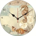 Silent vintage wooden wall clock with marine motifs like seahorses and sailboats - Vintage Nautical Illustration