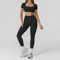 Women's black seamless yoga set featuring a square neck crop top and high waist leggings - S / Short Sleeve + Leggings / Premium Black