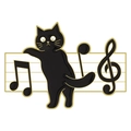 Macro detail of cartoon black cat enamel pin with golden musical notes and staff - Staff Black Cat (XZ7447)
