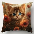 Modern square linen cushion cover featuring cute cat in poppy flowers for sofa decor - Style 7 / 45*45cm (No Core)