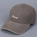 Detail of premium charcoal grey washed cotton baseball cap with white more embroidery - M (56-58cm) / Brown