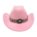 Pink western cowboy hat with woven band and turquoise metal buckle in classic felt - One Size / Oval Blue Stone Decoration / Pink