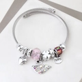 Silver twisted bangle with pink glitter bead and heart clover charms for women - C2-004 Pink