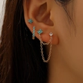 Three-piece gold ear cuff set with sky blue flower charms and sparkling zircons - Sky Blue Flower Style (1975)