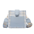 Blue tweed crossbody bucket bag with leather pocket and wide logo fabric strap - Light Blue
