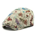 Retro flat cap with colorful floral butterfly jacquard pattern on ivory white fabric - Adjustable / Beige Concealed Buckle