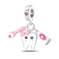 Detailed silver tooth pendant with pink bow, toothbrush, and heart-shaped gemstone charm - Dental Care 3-Piece Set Charm