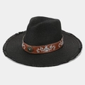 Dettaglio cappello di paglia nero con bordo a frange e fascia in pelle ricamata - Taglia unica / Nero