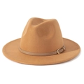 Classic camel wool felt fedora hat with a flat brim and matching decorative buckled belt - M(56-58cm) / Camel + Light Khaki Belt