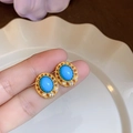 Gold lace studs with oval blue stone, white pearls, and clear zircon accents - Gold-Blue Oval-Real Gold Plated
