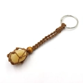 Ethnic woven keychain with yellow agate stone in brown net and wooden bead detail - Yellow Jade + Brown Mesh Keychain