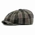 Casquette gavroche classique à carreaux gris avec design vintage octogonal et bouton - Réglable / Noir